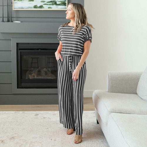 Comfortable Stripe Jumpsuit with Elastic Waist