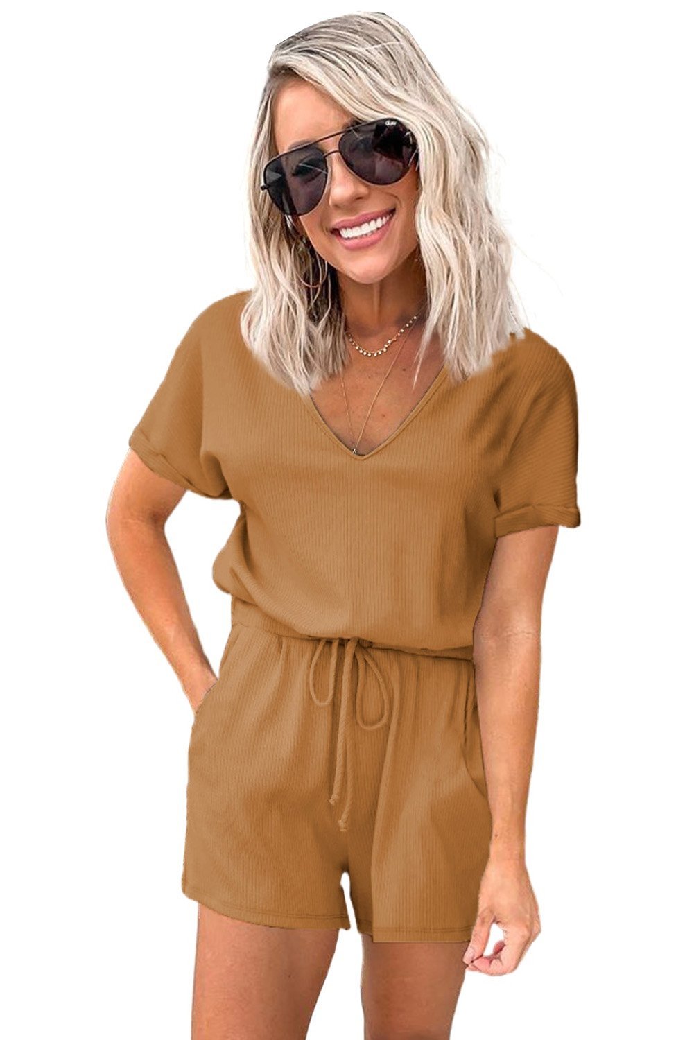 Brown Pocketed Knit Romper