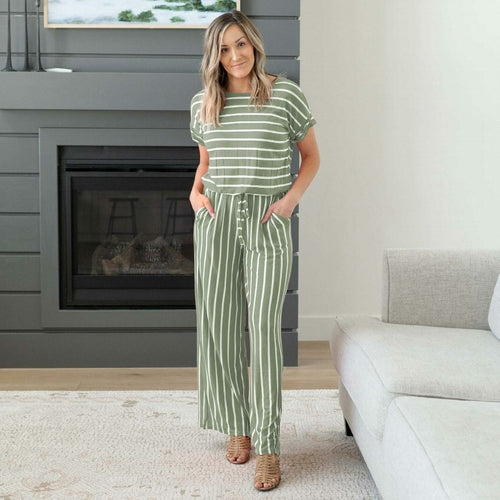 Comfortable Stripe Jumpsuit with Elastic Waist