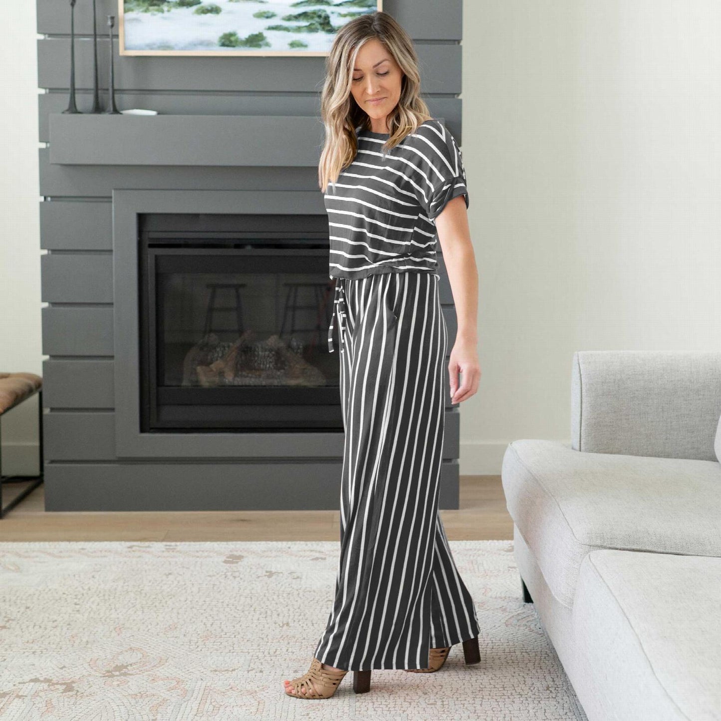 Comfortable Stripe Jumpsuit with Elastic Waist