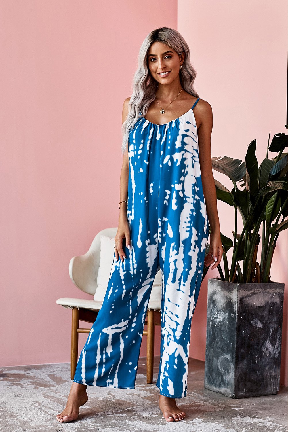 Blue Tie-Dye  Baggy Romper with Long Pants