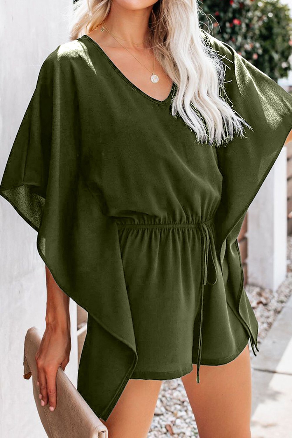 Trendy Green Born To Fly Kimono Romper for Women