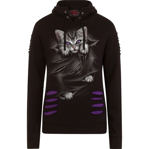 Bright Eyes Kitten Ripped Hoodie - Purple/Black