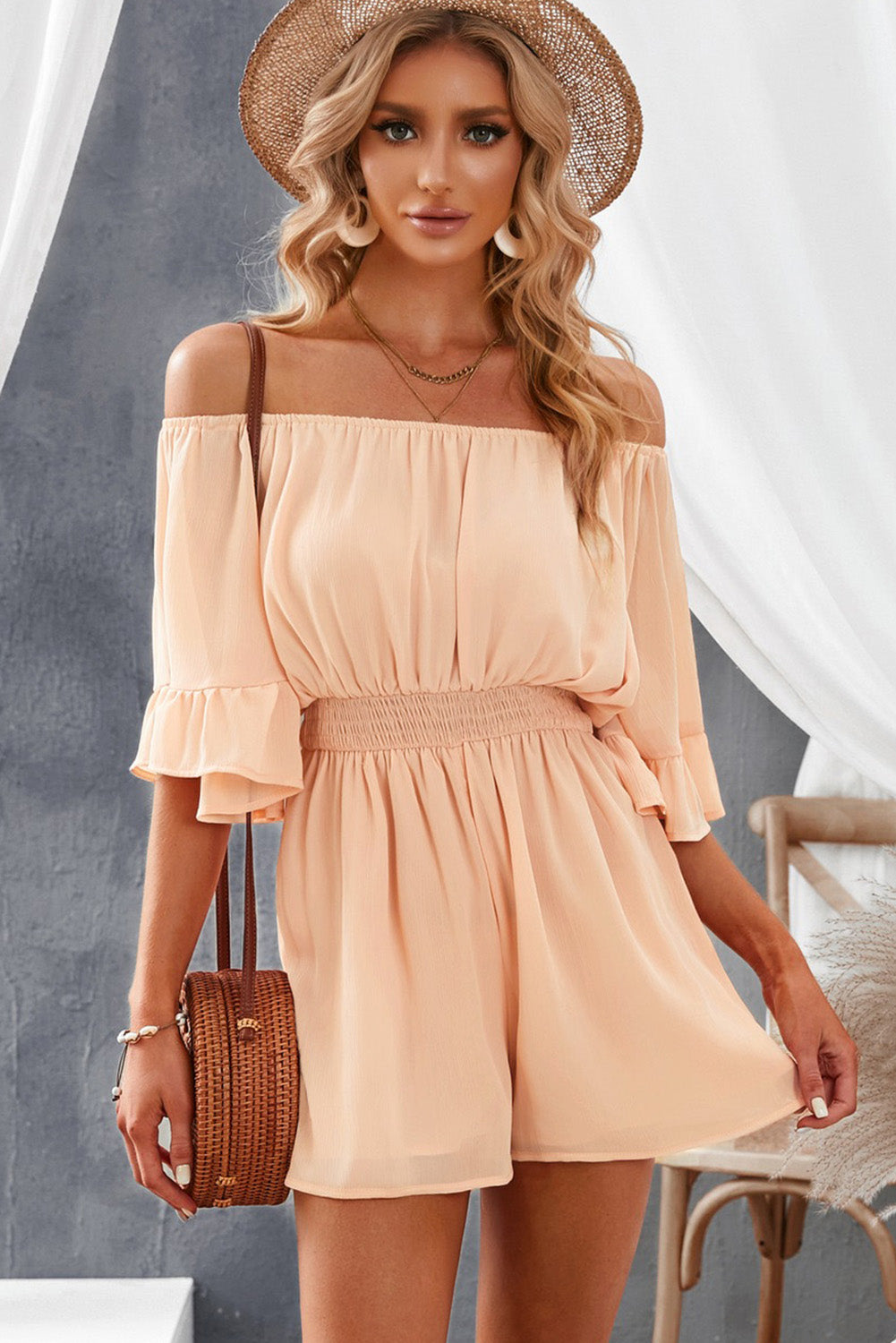 Trendy Apricot Off-Shoulder Romper for Chic Summer Days