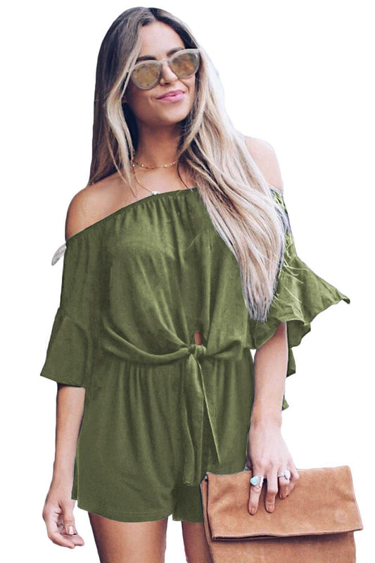 Green Off Shoulder Tie Knot Romper