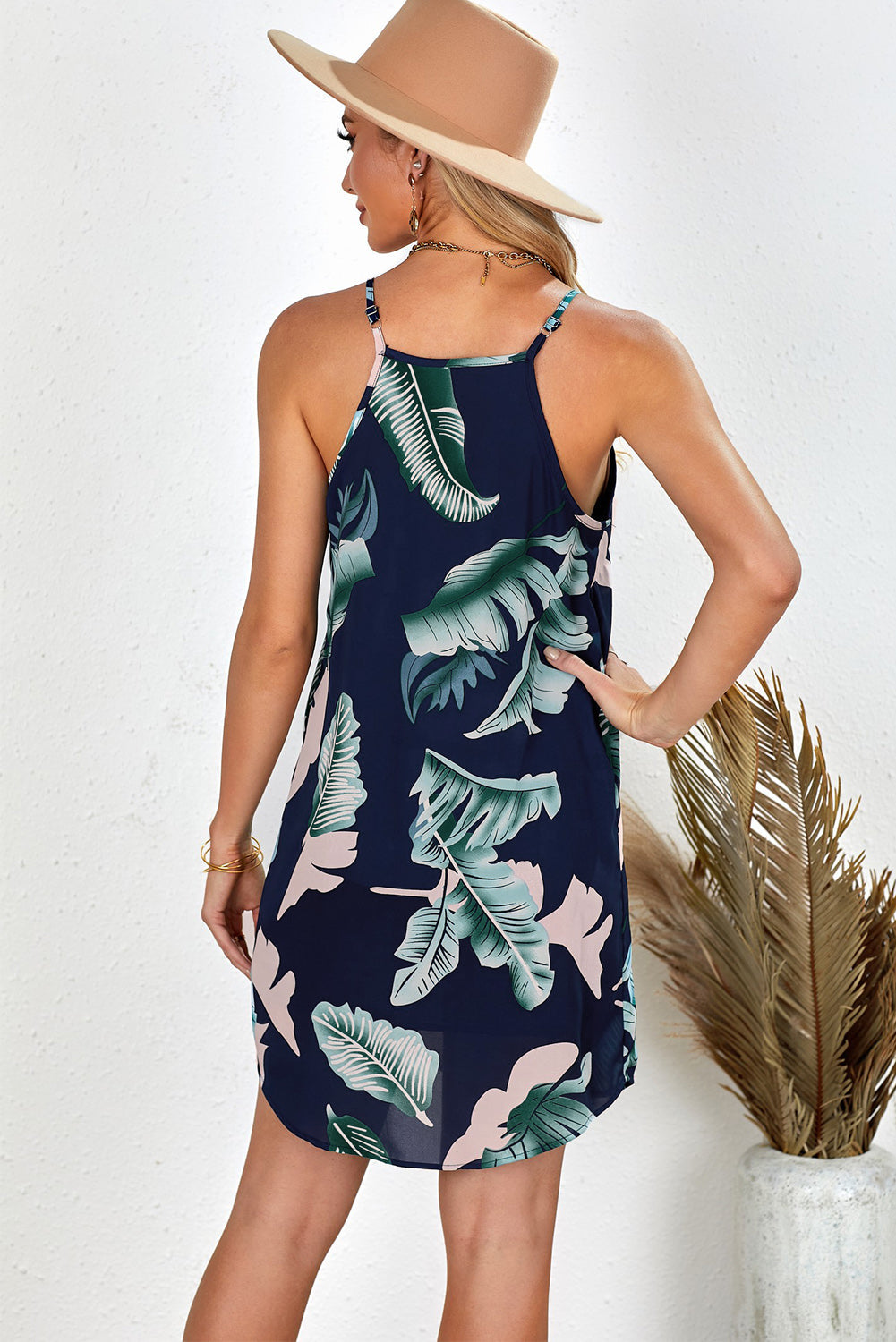 Tropical Palm Leaf Print Navy Sleeveless Mini Dress