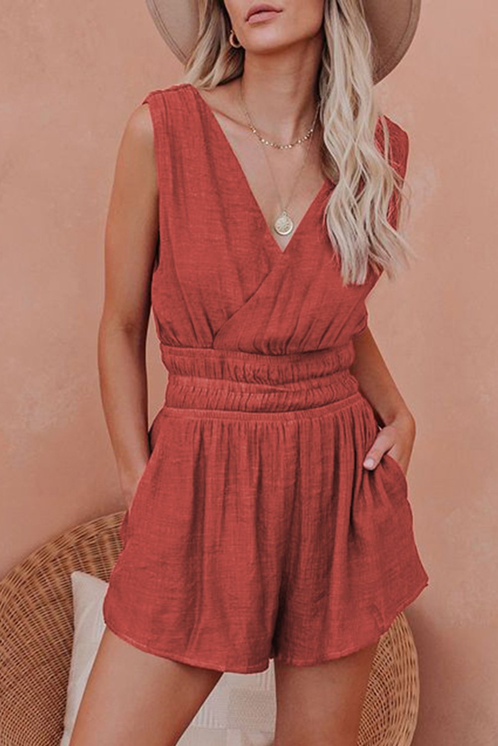 Chic Red Sleeveless V-Neck Romper