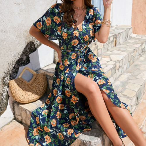 Women’s Wrap Style Summer Floral Dress with Ruffles