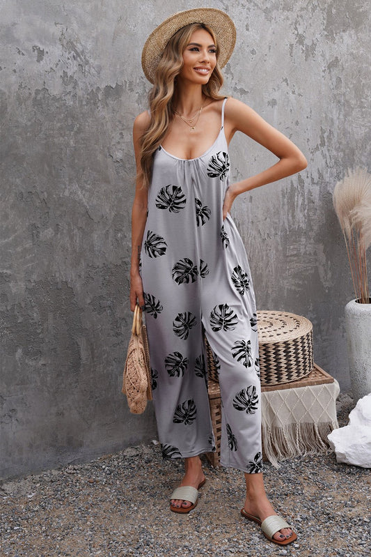 Wide-Leg Spaghetti Strap Jumpsuit with Gray Palm Leaves Print