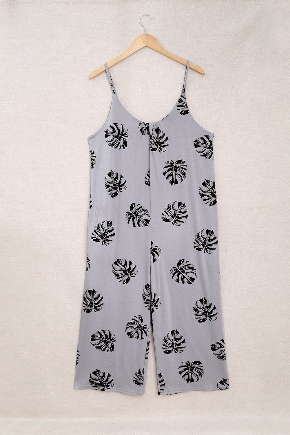 Wide-Leg Spaghetti Strap Jumpsuit with Gray Palm Leaves Print