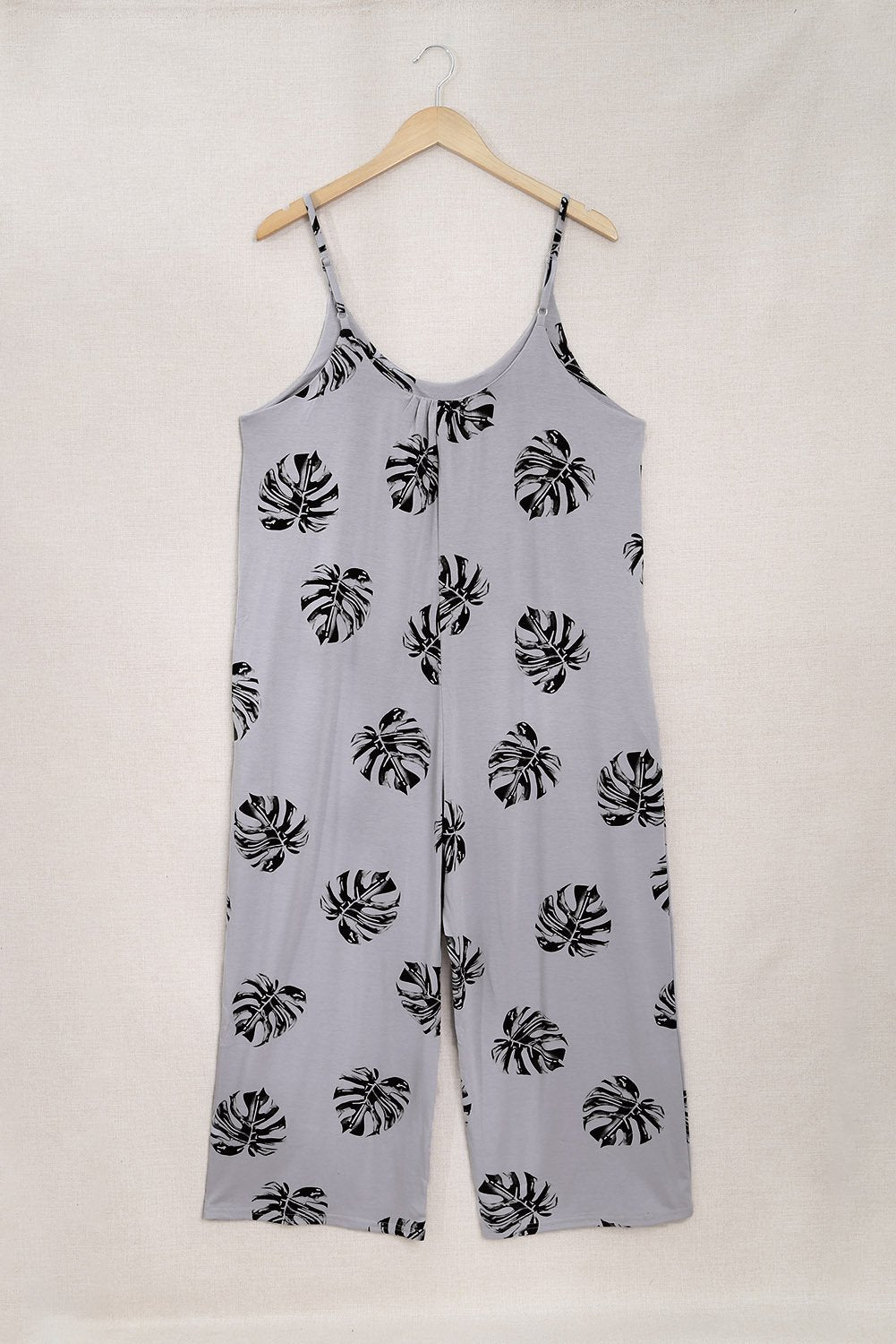 Wide-Leg Spaghetti Strap Jumpsuit with Gray Palm Leaves Print