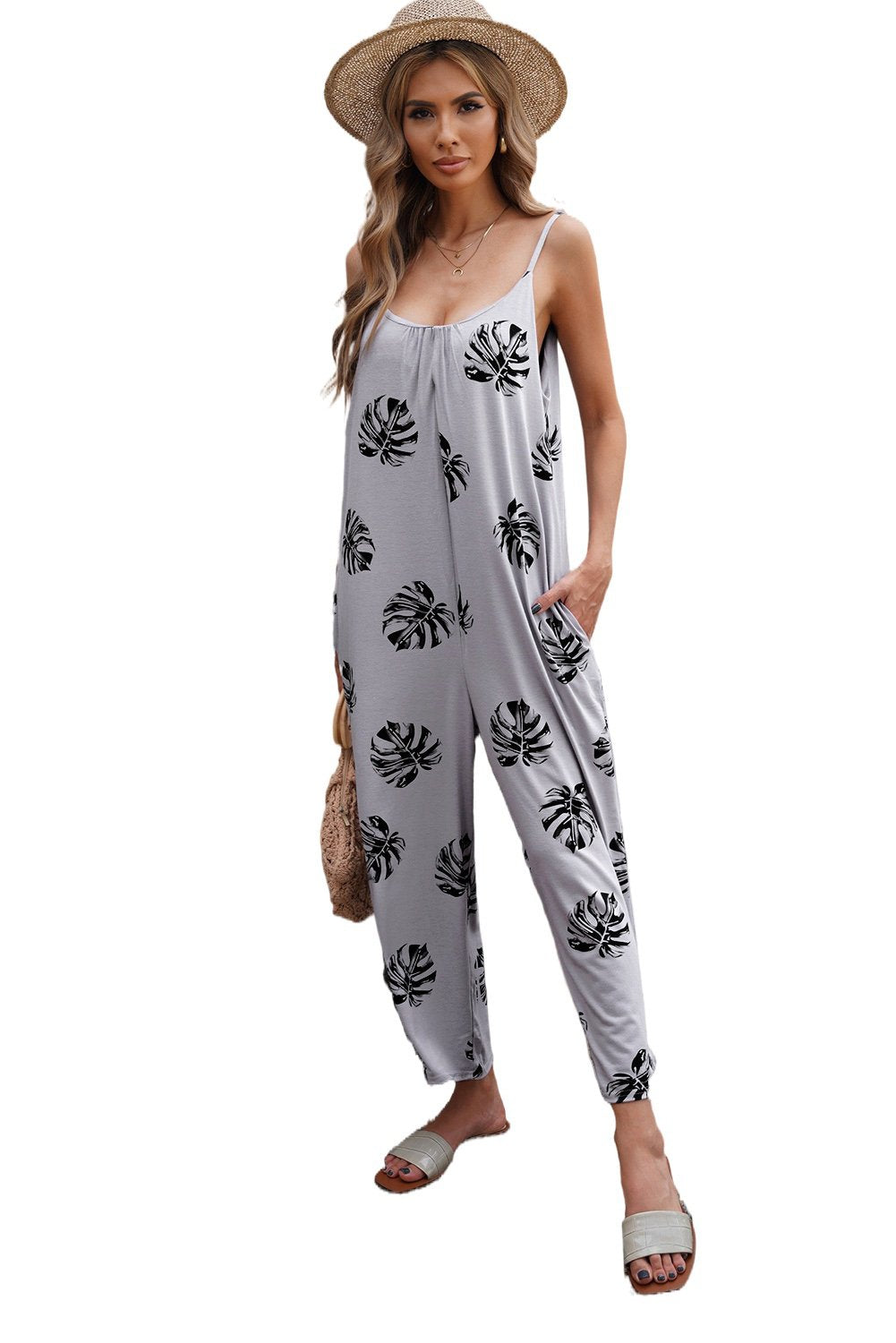 Wide-Leg Spaghetti Strap Jumpsuit with Gray Palm Leaves Print