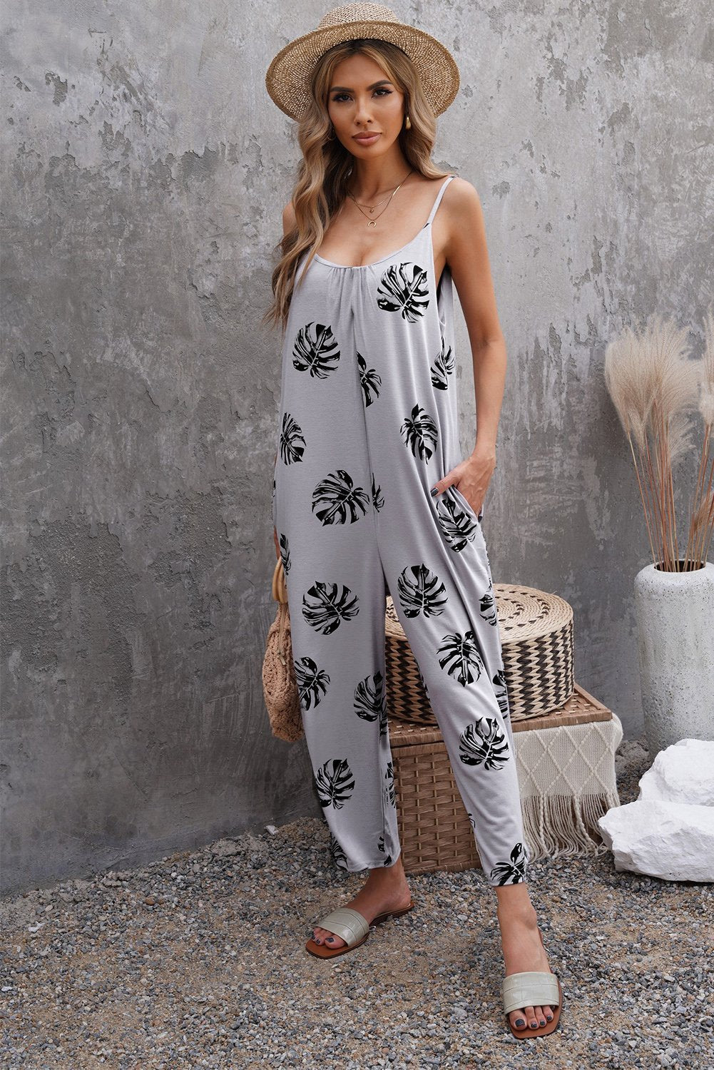 Wide-Leg Spaghetti Strap Jumpsuit with Gray Palm Leaves Print