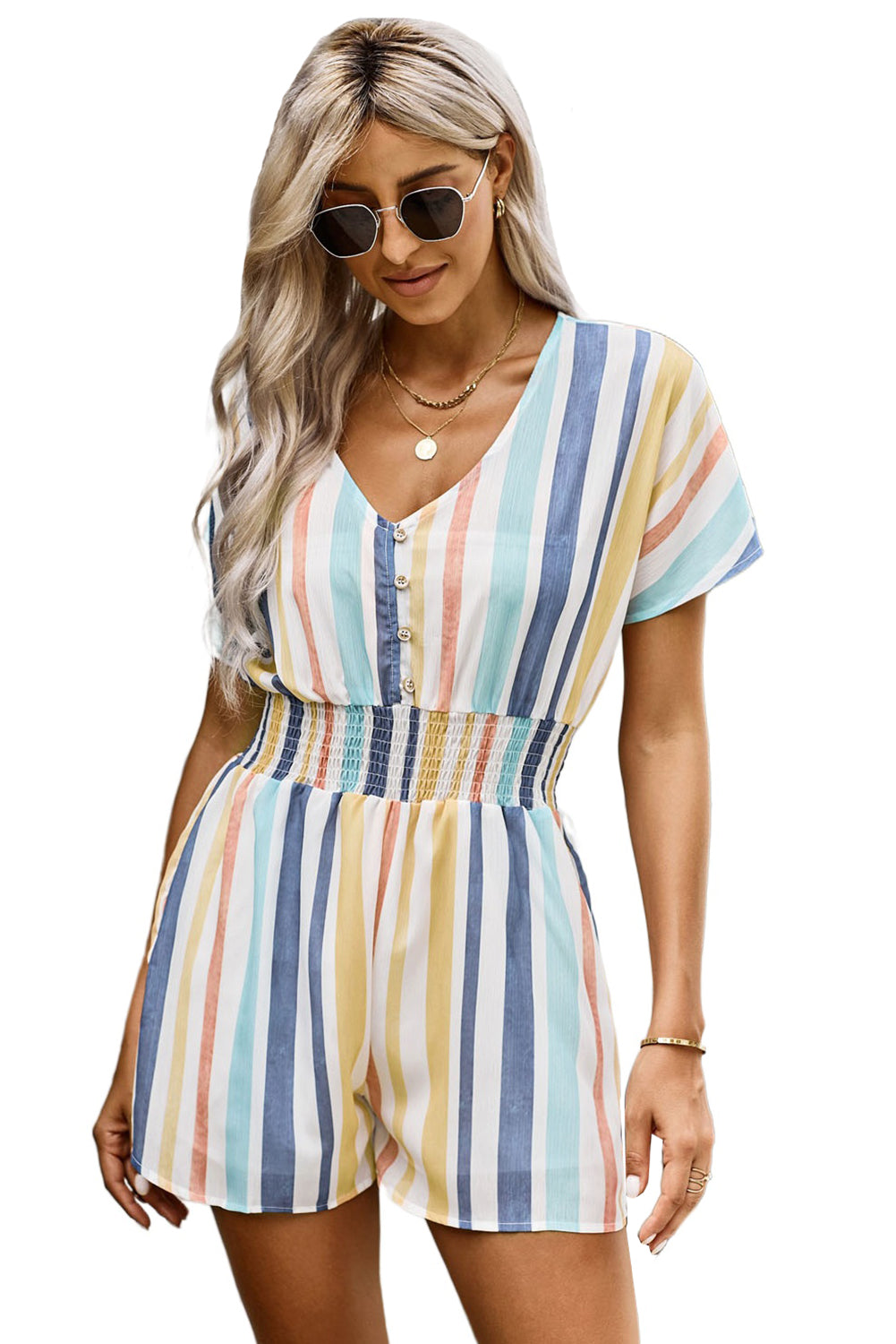 V-Neck Buttoned Summer Print Romper