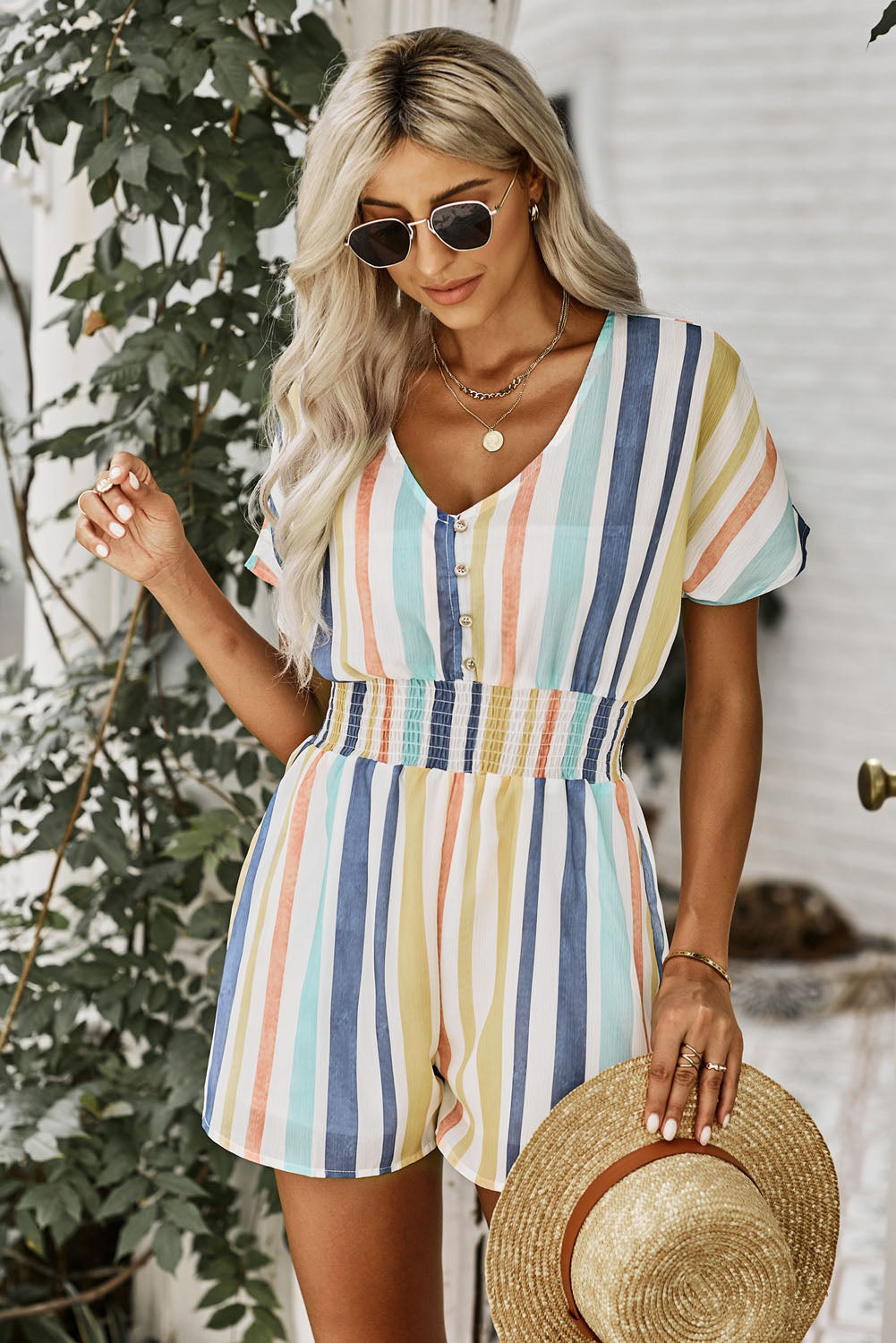 V-Neck Buttoned Summer Print Romper