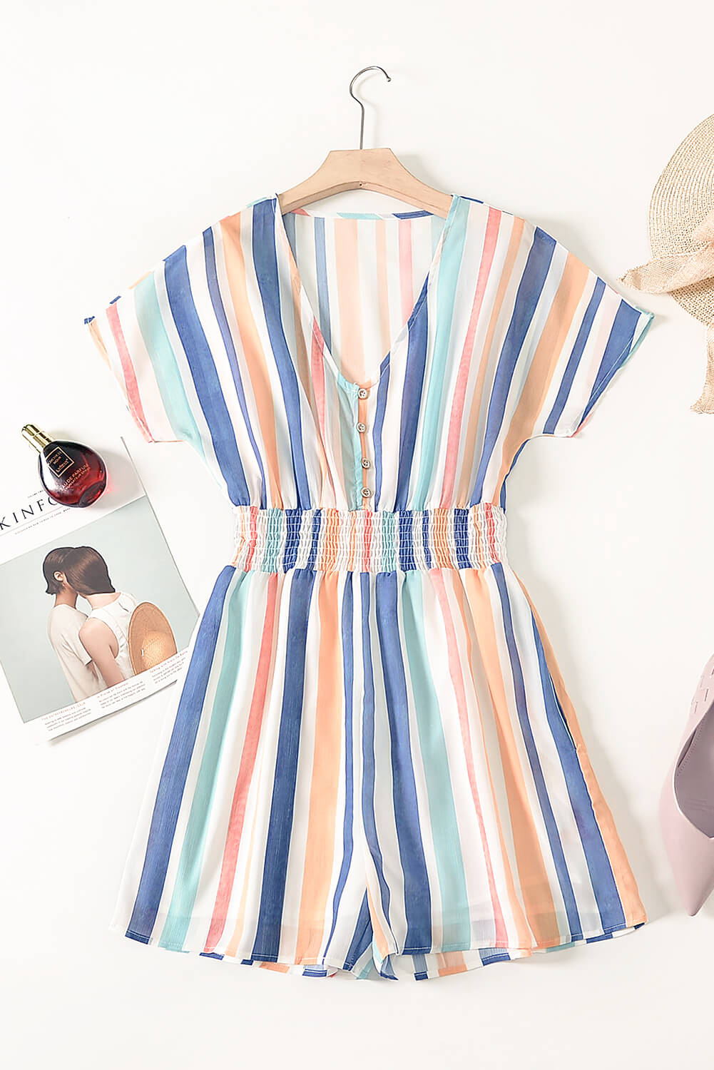 V-Neck Buttoned Summer Print Romper