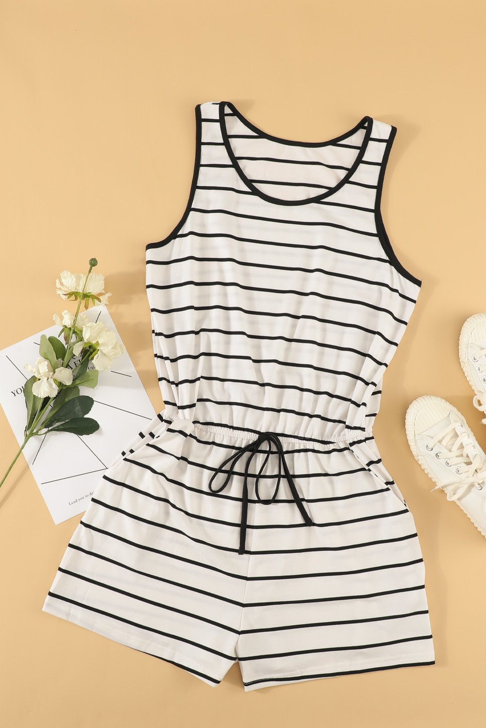 Chic Black and White Striped Sleeveless Romper