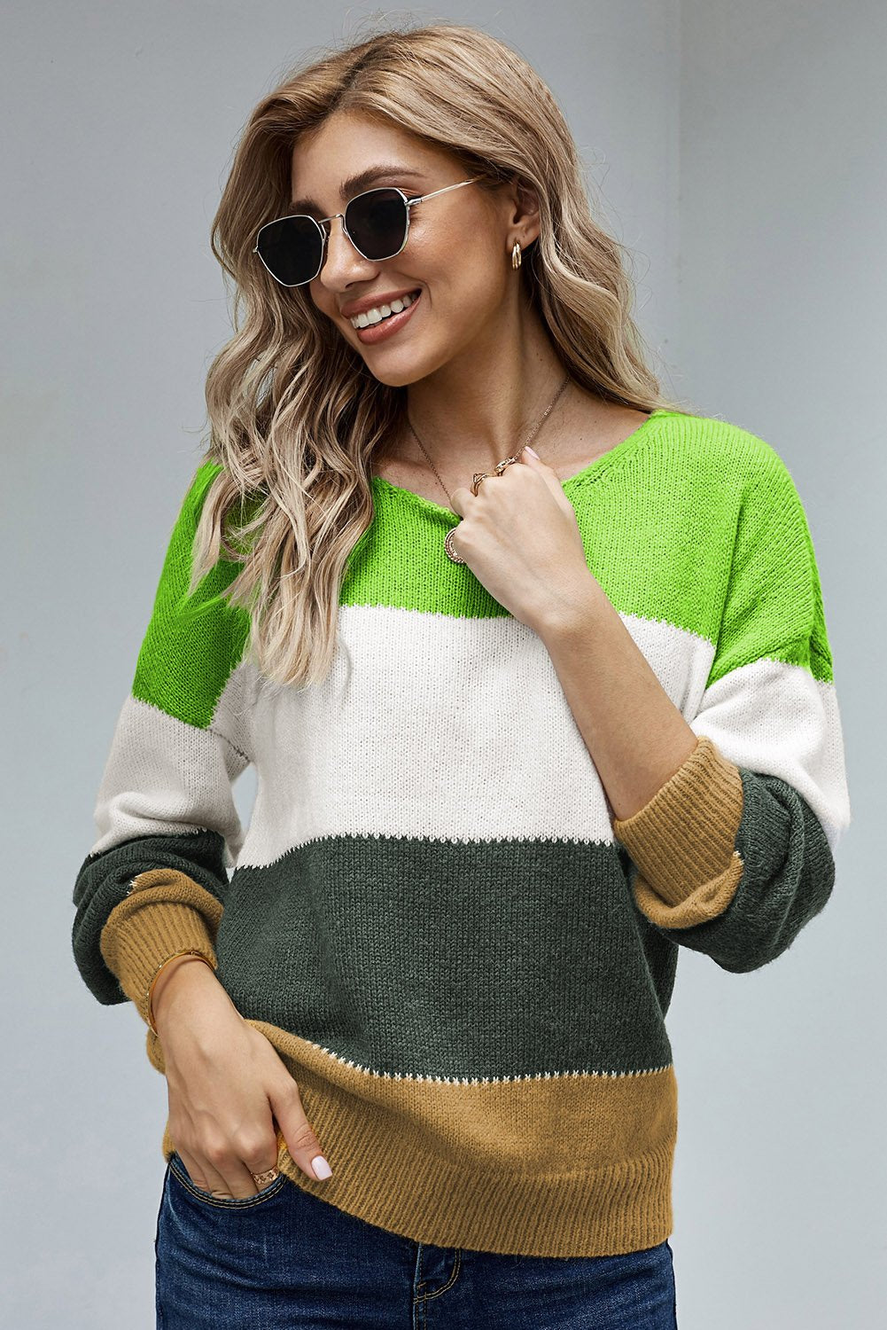 Winter Green Pullover Colorblock Sweater