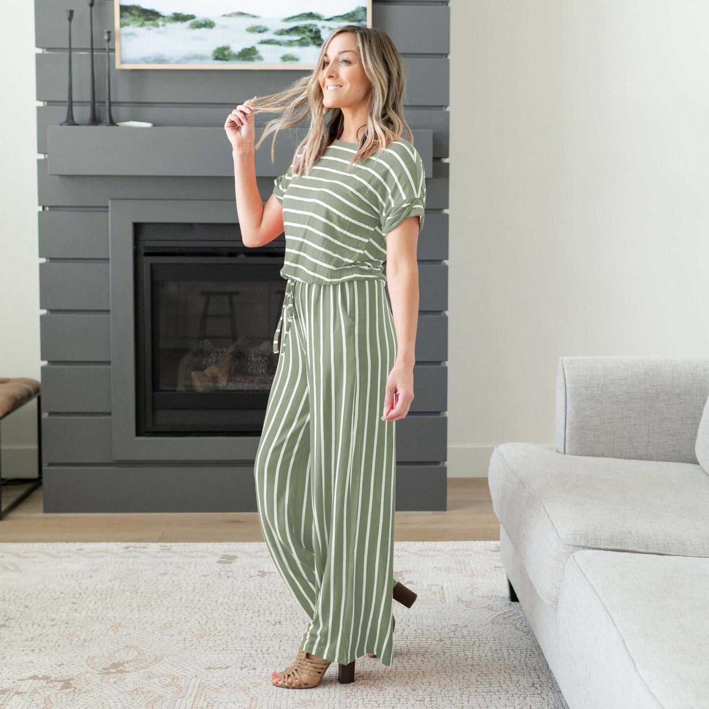 Comfortable Stripe Jumpsuit with Elastic Waist