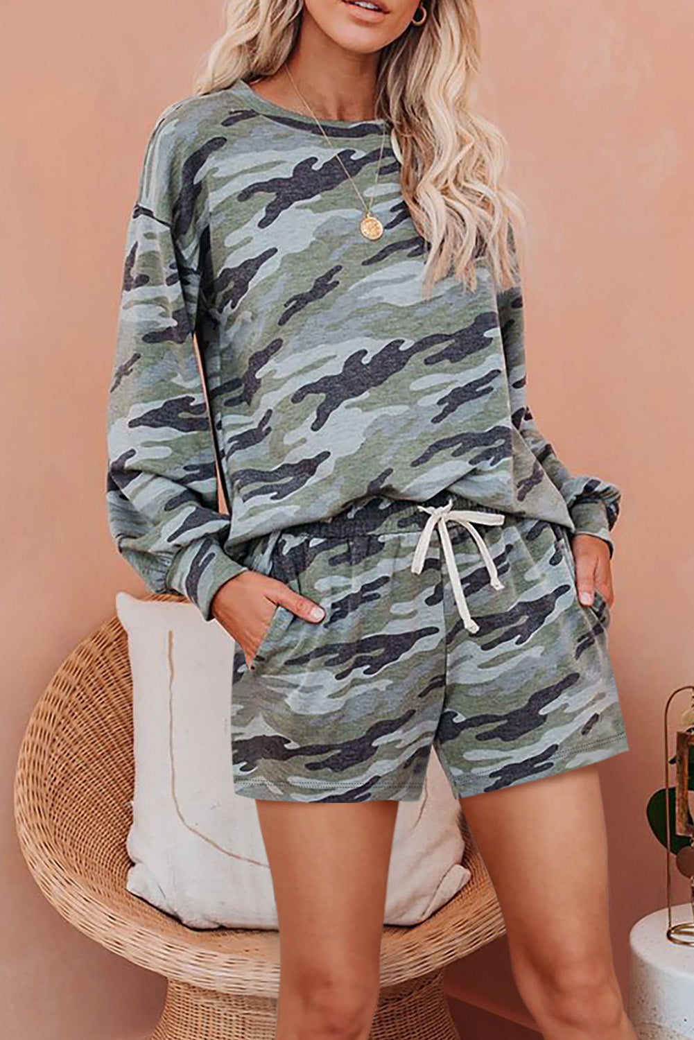 Green Camo Long Sleeve Pullover & Shorts Set