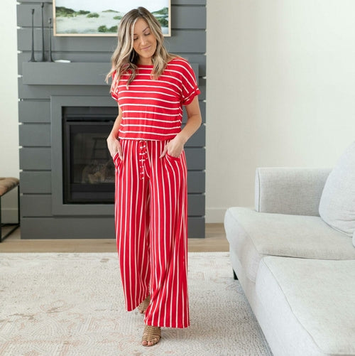 Comfortable Stripe Jumpsuit with Elastic Waist