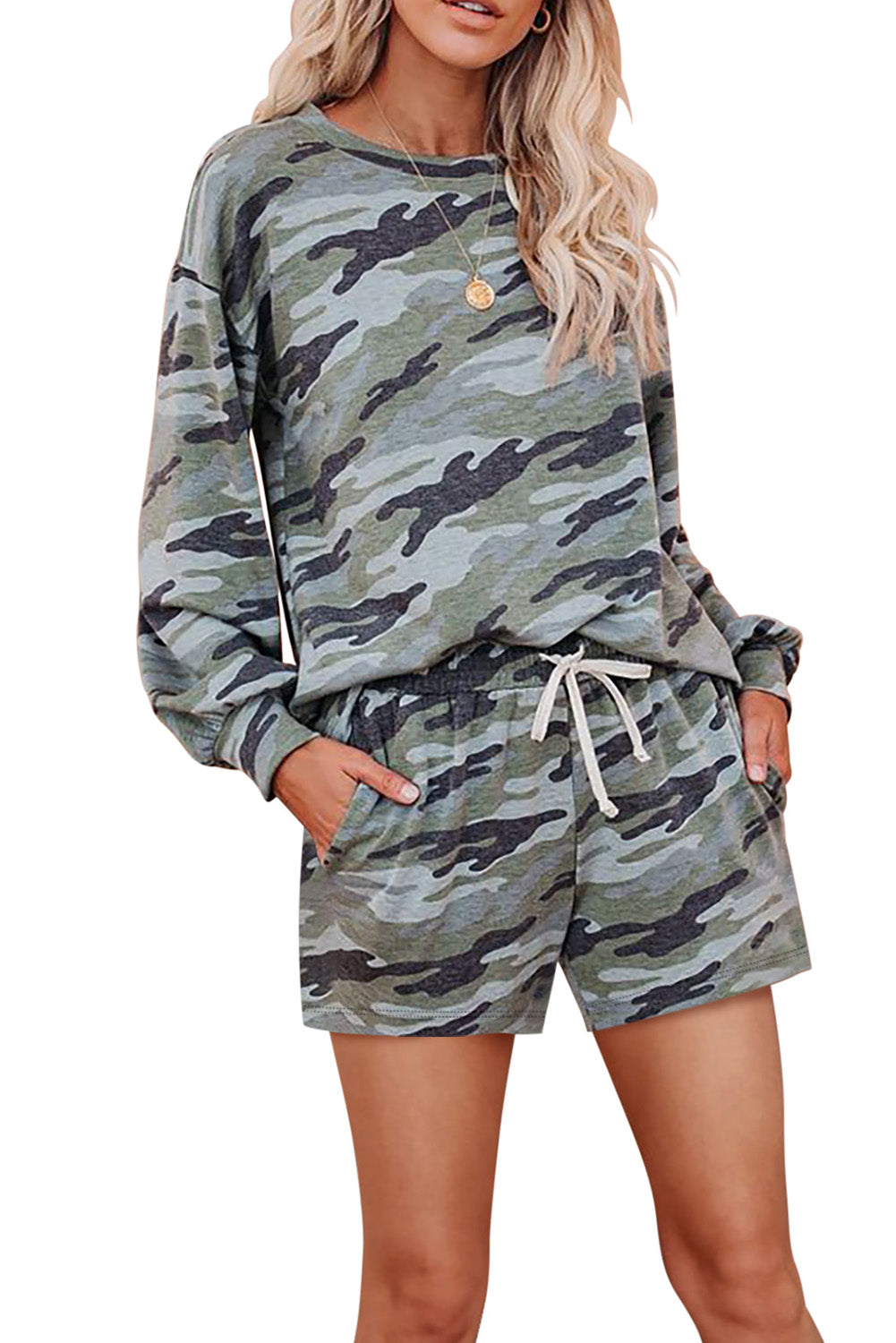 Green Camo Long Sleeve Pullover & Shorts Set