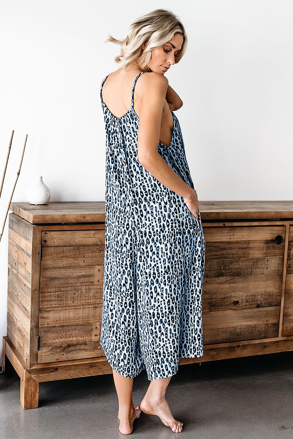 Trendy Blue Leopard Print Adjustable Jumpsuit